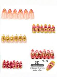 NAIO 10片杏仁形穿戴甲，仙氣花卉假指甲，附3D花朵與玫瑰裝飾、豹紋、水鑽與金色金屬點綴，漸層亮面美甲配件，適合女性 - 彩色 - 查看 5