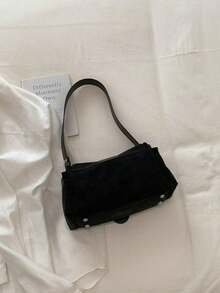 Women's Fashion Sweet Flap Underarm Bag, Korean Style Fresh Rivet Buckle Strap Square Bag, Pleated Design, Large Capacity - Black - View 6