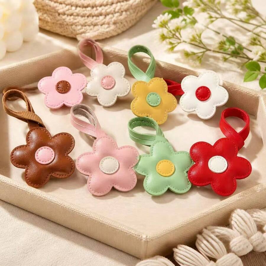 1Pc PU Leather Flower Bag Charm, Color‑Block Floral Pendant, Backpack & Handbag Hanging Decoration, Christmas Gift - Multicolor - View 1