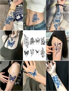 8 Pcs Blue Ink Floral Butterfly Temporary Tattoo Stickers, Sketch Rose & Gothic Butterfly Mixed Designs, Waterproof Body Art Decals For Ladies, Apply On Forearm, Waist, Shoulder, Hand, Vintage Cool Elegant Daily Decor - Black - View 1