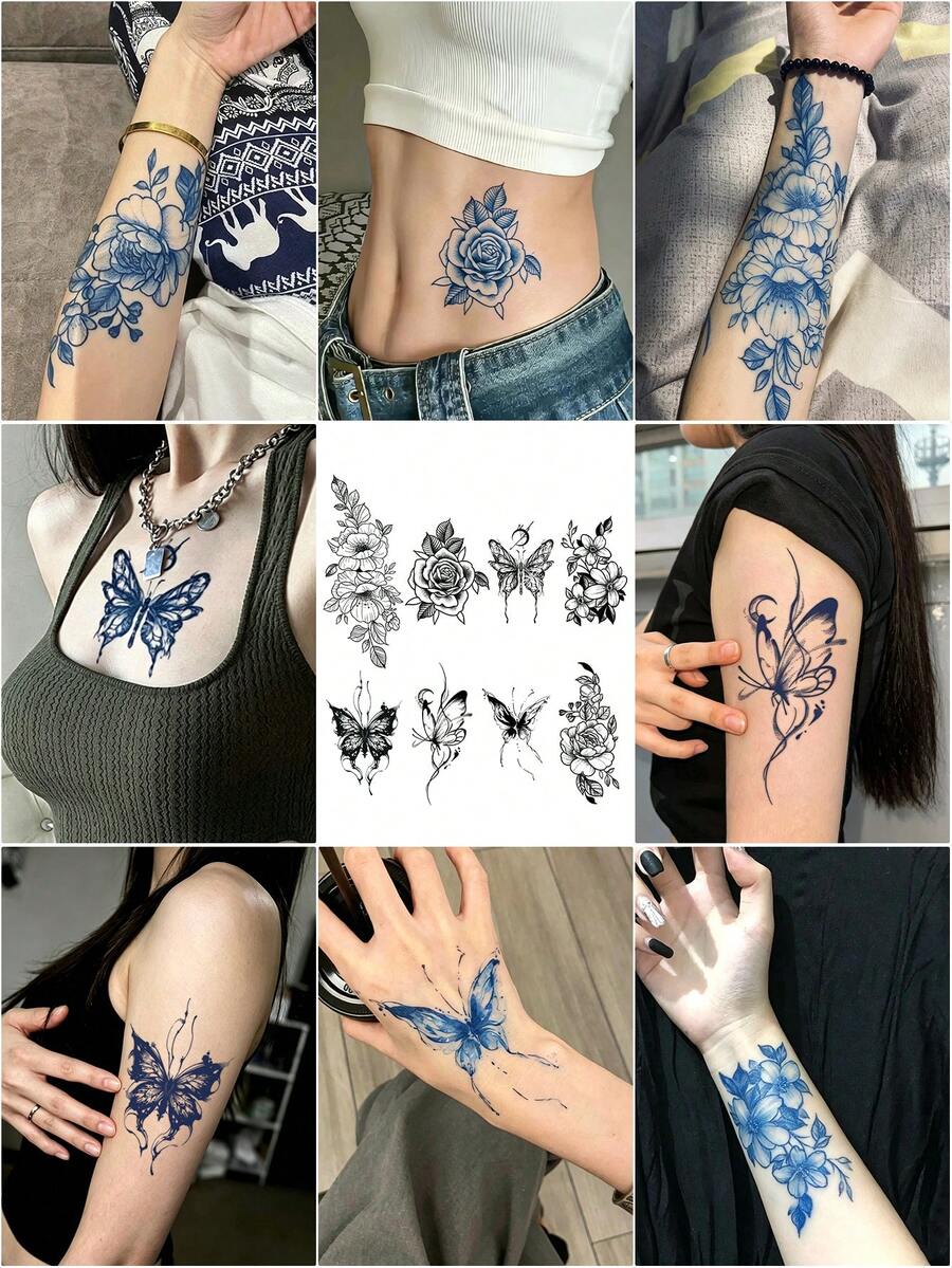 8 Pcs Blue Ink Floral Butterfly Temporary Tattoo Stickers, Sketch Rose & Gothic Butterfly Mixed Designs, Waterproof Body Art Decals For Ladies, Apply On Forearm, Waist, Shoulder, Hand, Vintage Cool Elegant Daily Decor - Black - View 1