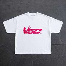Oversized Fit Crew Neck Short Sleeve Graphic Logo Print Fuchsia Pink Soft Cotton Comfortable Streetwear Casual Urban - White - View 1