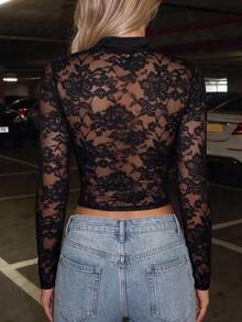 Women's Early Autumn Black Lace Chinese Style Cheongsam Stand Collar Frog Button Element Sexy Style Water Drop Hollow Design T-Shirt - Black - View 3