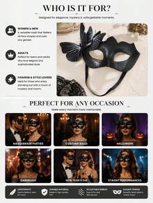 Gothic Black Butterfly Half Face Masquerade Mask With Sequin Scroll Pattern, Women's Halloween Cosplay Carnival Venice Theme Party Costume Accessory - Multicolor - View 4