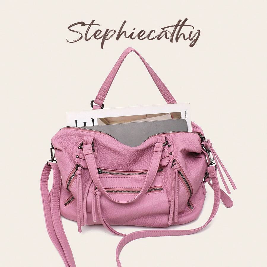 STEPHIECATHY Women's Shoulder Bag, Washed PU Faux Leather Small Handbag, Casual Crossbody Bag For Daily Commute, School, Travel, Summer, Pink - Cherry Blossom Pink - View 1