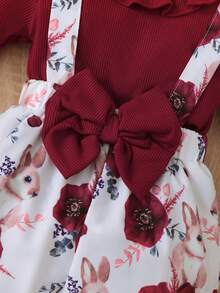 Newborn Baby Girl 3pcs Set Burgundy Flutter Sleeve Bodysuit, Pants & Headband Autumn Fashion Outfit - Burgundy - View 5