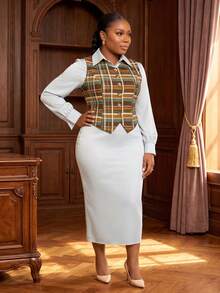 Women's Casual Plaid Blouse With Collar And Pencil Skirt Two Pieces Set, Stylish Button Details For Fall Winter Outfits - Light Grey - View 7