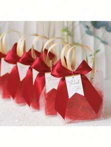 6/20pcs Frosted Transparent Gift Bags With Wooden Handles, 15*13*7cm Transparent Plastic Gift Tote Bags With Green Satin Bows, Waterproof Durable Reusable, Suitable For Wedding Favors, Birthday And Gift Packaging - Multi-color - View 4