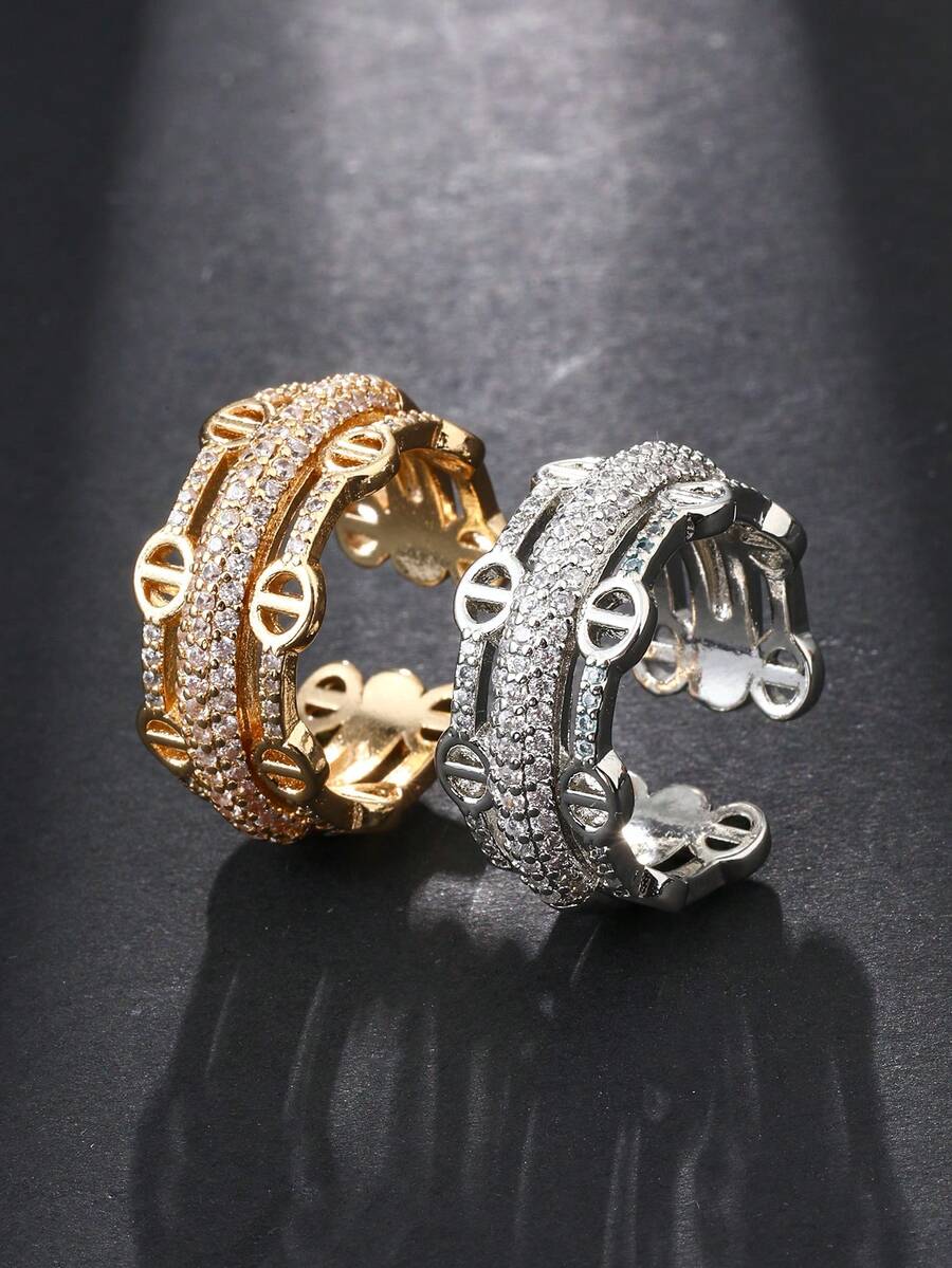 1pc Cubic Zirconia Women's Ring, Gold & Silver Dual Tone Open Adjustable Band, Daily Wear, Gift For Girlfriend - Pig Nose Ring - View 1