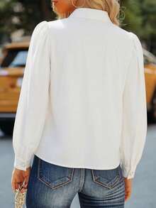 Plus Size Women's Solid Color Lantern Sleeve Collared Shirt, Fashion Pearl Button Puff Sleeve Blouse - White - View 3