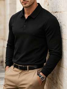Men's Spring/Autumn Fashion Casual Loose Fit Long Sleeve Polo Shirt With Turn-Down Collar, Suitable For Daily Commute And Travel - Black - View 4