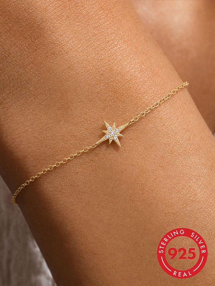 1pc S925 Sterling Silver Minimalist Elegant Design Micro-Inlaid Zirconia Eight-Pointed Star Bracelet, Women's European And American Style Niche Fashion Versatile Ins Style Artistic Cool High-End Adjustable Hand Jewelry, Exquisite Gift