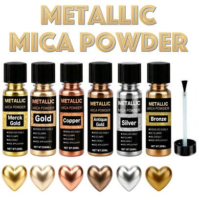 6PCS/1PC Metallic Mica Powder, Brushed Bottle Of Mica Powder, Resin Dyes, Resin Color Pigments For Making Epoxy Resin, Clay, Jewelry, Candles, And Paints, Available In 20ml Six Colors.