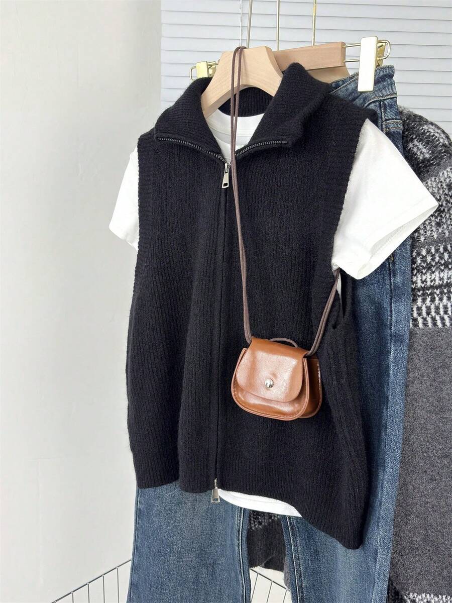 Autumn/Winter New Soft Coffee-Colored Ribbed Knit Vest With Double Zippers, Sleeveless Camisole, Commuter Casual Layering Essential - Black and White - View 1