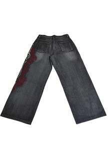 Infinite Jeans 1件裝 香港街頭風 3D刺繡花卉時尚百搭男士大尺碼水洗寬鬆寬腿牛仔長褲 (產品不含腰帶與配件) - 黑色 - 查看 10