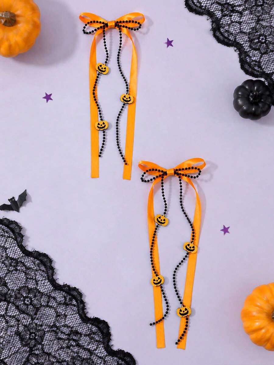 2pcs Pumpkin Ribbon Hair Clips, Cartoon Pumpkin Pendant Orange Ribbon Bow Beads Hair Clips, Halloween Party, Cosplay And Dress Up - Multicolor - View 1