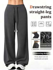 1pc Women's High Waist Wide Leg Pants, Drawstring Straight Leg Pants, Elastic Wide Leg Pants, Fashion Minimalist Versatile Long Pants Sports - Grey - View 1