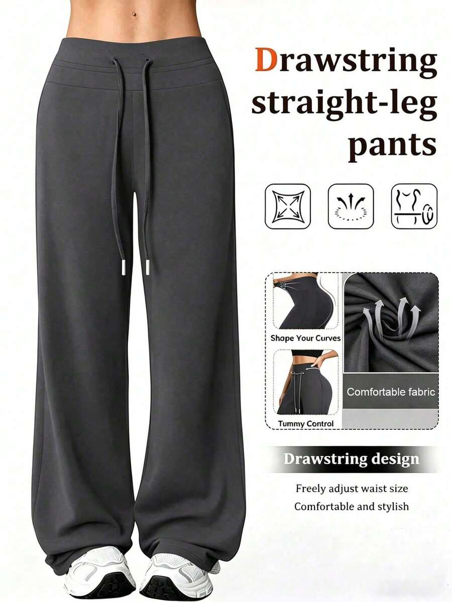 1pc Women's High Waist Wide Leg Pants, Drawstring Straight Leg Pants, Elastic Wide Leg Pants, Fashion Minimalist Versatile Long Pants Sports - Grey - View 1