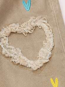 1pc Girls Heart Embroidered Frayed Hem Wide Leg Denim Jeans, Elastic Waist Loose Casual Long Pants, Sweet Fashion Style - Khaki - View 5