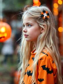 2pcs Halloween Ghost Pumpkin Hair Clips Grosgrain Ribbon Flower Decor Alligator Clips Cute Party Daily Hair Barrettes Kids Hair Accessories - Multicolor - View 5