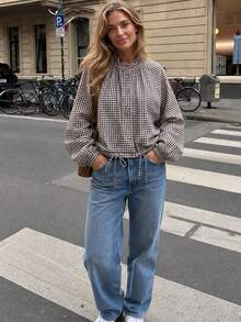 Women Gingham Plaid Cropped Jacket Stand Collar Raglan Sleeve Drawstring Hem Button Casual Coat - Brown - View 6