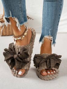 Women's Home Slippers Bow Knot Fashion Fabric Patchwork Casual One-Strap Indoor Autumn Winter Cotton Slippers - Khaki - View 8