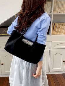 Minimalist Large Capacity Tote Bag, Niche Design Colorblock Shoulder Bag, High-End Fashion Lightweight Versatile Women's Handbag - Black - View 7