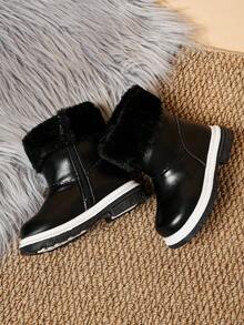 1 Pair Girls Baby Plush Snow Boots, Cute Warm Fleece Lined, Comfortable Flat Non-Slip Snow Boots, Suitable For Daily Outdoor Wear In Autumn And Winter - Black - View 2