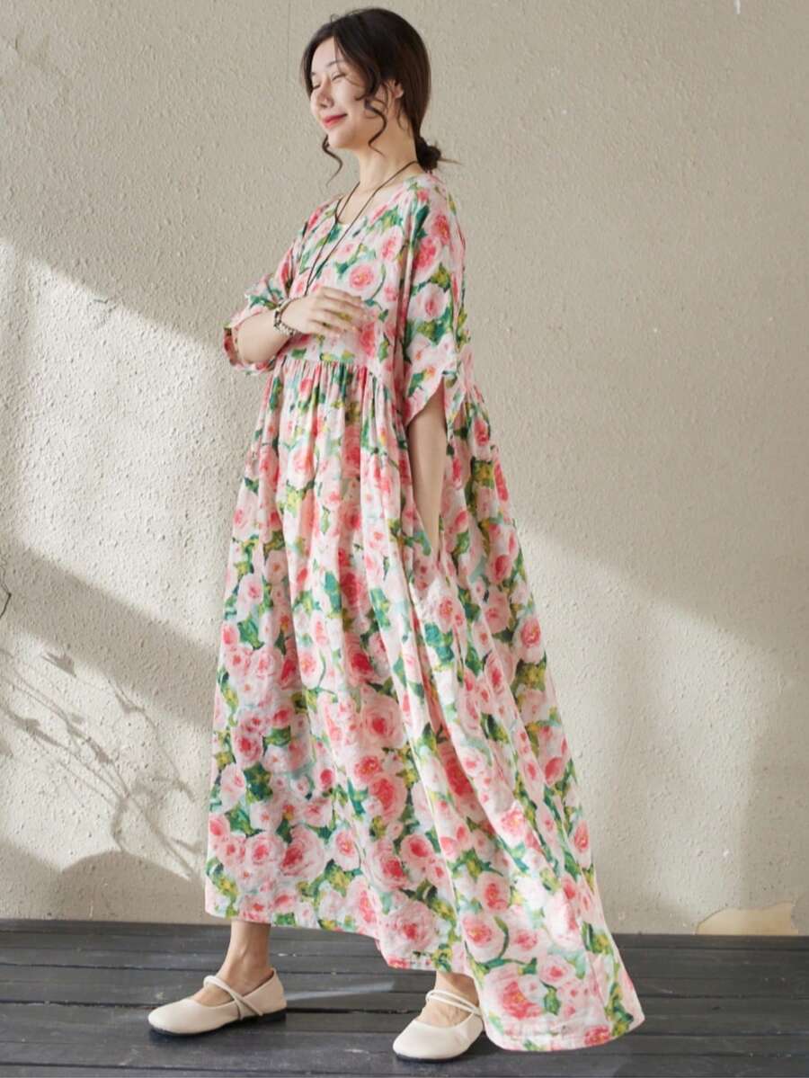AZAH 萬聖節優雅波西米亞風休閒度假媽媽風日常穿著夏季圓領寬鬆洋裝 粉色 - 粉色 - 查看 1