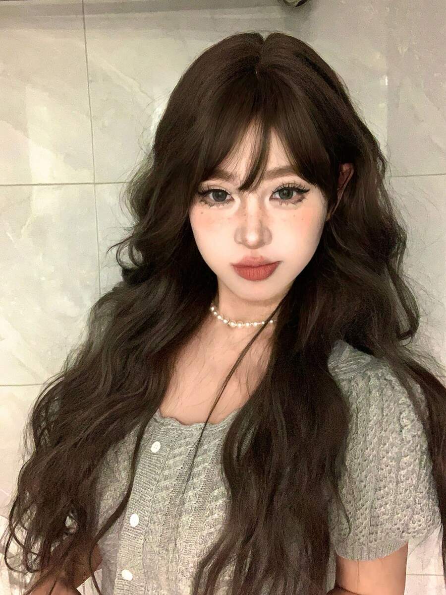alicegarden 28 Inch Long Synthetic Wig, Natural Wavy Curls, Stunning Chocolate Brown, With Bangs, Suitable For Daily, Party, Cosplay Use, Natural And Durable, Women's Wig Gift (Accessories Not Included) - Chocolate Brown - View 1