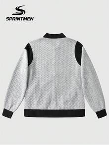 1pc Grey Contrast Baseball Collar Men's Sweatshirt, Men's Sweatshirt Jacket, Men's Long Sleeve Sweatshirt With Black Ribbed Shoulder Patchwork Design, Sporty Casual Style, Suitable For Campus, Commuting, Shopping, Afternoon Tea Gathering, Office - Grey - View 7