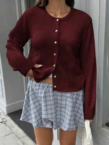 Spring Autumn Winter New Burgundy Round Neck Single Breasted Knit Women's Top, Casual Y2K Style Cardigan Jacket, Suitable For Daily Commute Wear Fall - Early Red - View 5