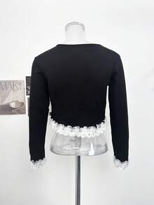 Autumn New Asymmetrical Lace Trim Patchwork Long Sleeve T-Shirt, Slim Fit Flattering Base Layer, Cropped Top - Black - View 7