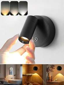 1pc Rechargeable Touch Dimmable Spotlight, Wireless Magnetic LED Wall Light, No-Drill Night Light, 3-Color Dimmable, Stepless Brightness Adjustment, Suitable For Bedroom, Bedside Companion Light, Living Room, Room Decoration, Home Decor Lighting - Multicolor - View 1