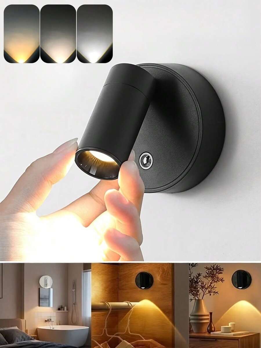 1pc Rechargeable Touch Dimmable Spotlight, Wireless Magnetic LED Wall Light, No-Drill Night Light, 3-Color Dimmable, Stepless Brightness Adjustment, Suitable For Bedroom, Bedside Companion Light, Living Room, Room Decoration, Home Decor Lighting - Multicolor - View 1