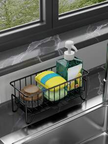 Kitchen Sink Sponge Holder, Metal Sink Storage Rack With Drainage Tray, Faucet Mounted And Countertop Mounted Sponge Brush Soap Storage Rack, Kitchen Sink Storage Basket Sponge Brush Holder With Drainage Tray Sink Rack - Multicolor - View 10
