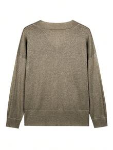 Plus Size Women Solid Color V-Neck Drop Shoulder Long Sleeve Casual Loose Sweater, Autumn/Winter Fall - Khaki - View 4