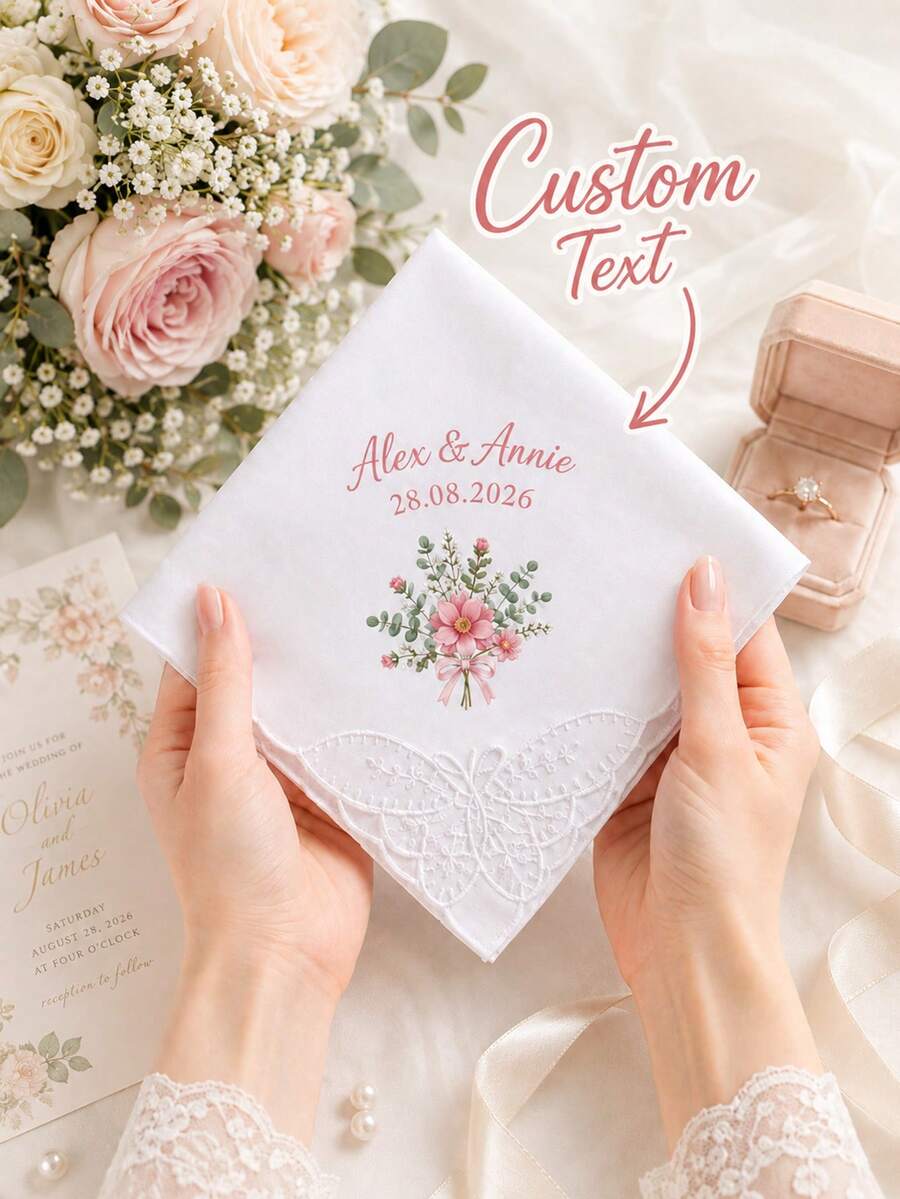 個性化刺繡婚禮手帕，客製化刺繡婚禮日期手帕，送給新娘與伴娘團的禮物，手帕