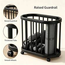 Rolling Yoga Mat Storage Cart, Freestanding Workout Equipment Organizer With Wheels, Tall Guardrail Exercise Gear Storage Basket For Yoga Mat, Fitness Ball, Dumbbells, Home Gym Organizer, Black / White - Black - View 2