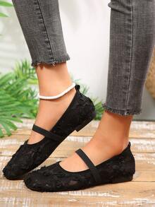 Women's 3D Floral Lace Mesh Square Toe Elastic Strap Breathable Soft Sole Shoes - Black - View 5