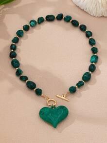 1/3Pcs Multi-Layer Heart Pendant Beaded Necklace, Green Burgundy White Statement Choker, Vintage Bohemian Jewelry For Women - Multicolor - View 2