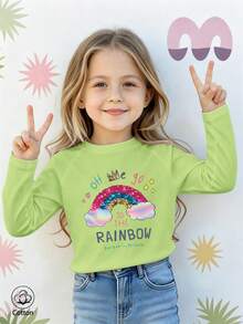 Girls Cotton Raglan Long Sleeve Tee For Fall Winter, Cartoon Rainbow Print With Clouds, Crown, Stars & Hearts, Sweet Preppy School Style - Fruit Green - View 2