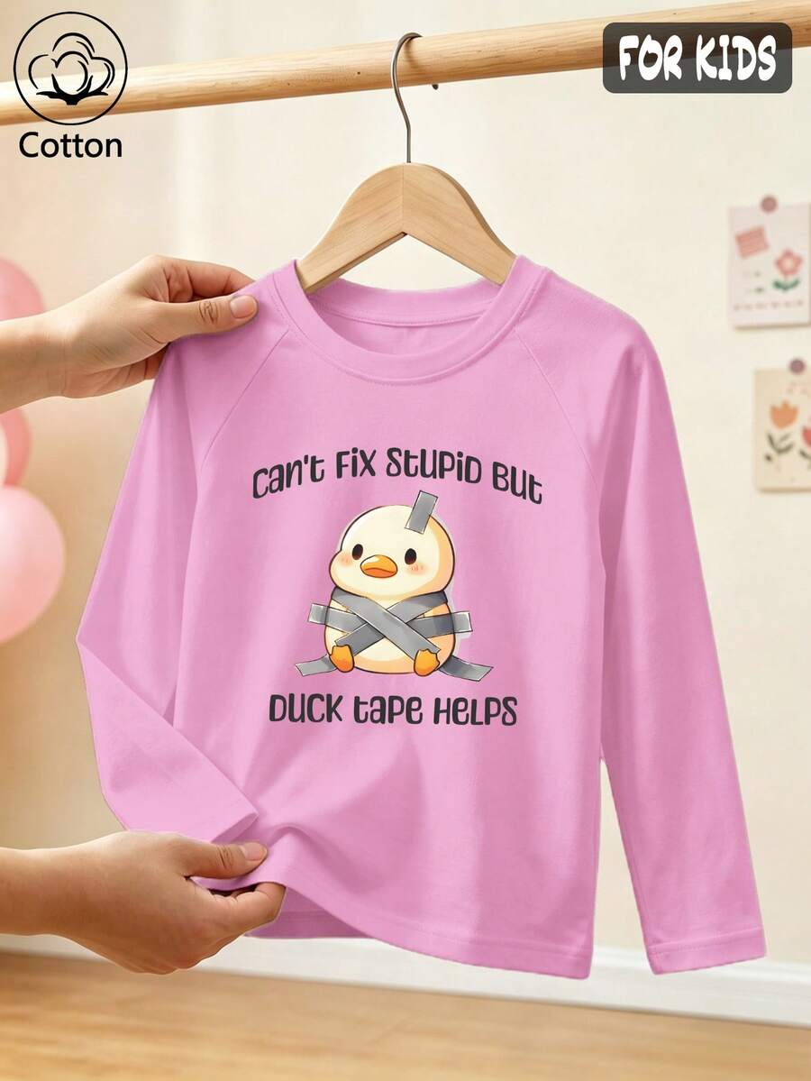 Girls Cotton Raglan Long Sleeve Tee For Fall Winter, Cartoon Duck Print With Cute English Text, Sweet Preppy School Style - Light Wine Red - View 1