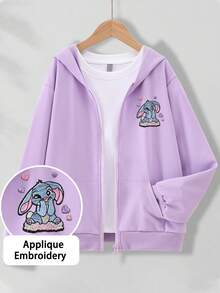 Sweet Girl Zipper Hooded Jacket, Cute Blue Rabbit Heart Applique Embroidery Soft Autumn/Winter Campus Coat - Mauve Purple - View 2