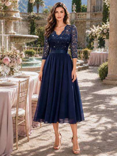 Elegant V-Neck Sequin Floral Lace Ruched Chiffon 3/4 Sleeve Ball Party Skirt, A-Line Midi Skirt, Suitable For Wedding Guest, Dinner