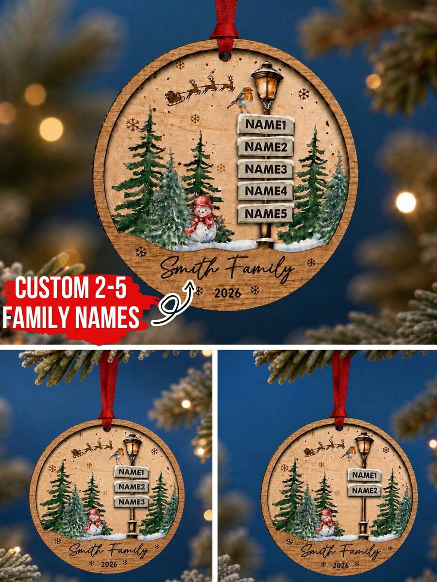 Custom Wooden Family Name Christmas Ornament, Personalized 2-5 Names Winter Signpost Decor, Rustic Snowman Forest Style, Customized Door And Wall Hanging, Customizable Christmas Tree Ornament, 2026 Family Keepsake, Wood Street Sign, Holiday Gift - Style C - View 1