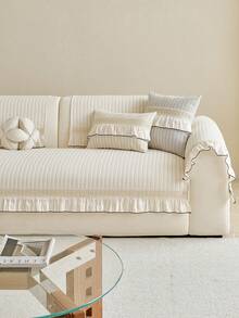 1pc Chenille Lotus Edge Sofa Cover, Universal Fit Sofa Protector, Anti-Slip & Dust-Proof Furniture Cover, All-Season Use, Machine Washable, Suitable For Living Room, Office, Apartment, Fits Various Sofa Styles - Beige - View 8
