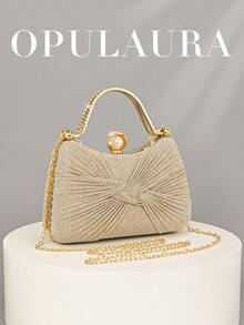 OpulAura 女士迷人精致闪光手拿包，蝴蝶结优雅浪漫礼物，水钻盒形晚宴包，婚礼手提包，单肩包，适合正式派对/舞会/生日派对，很棒的节日礼物 - 金色 - 查看 1