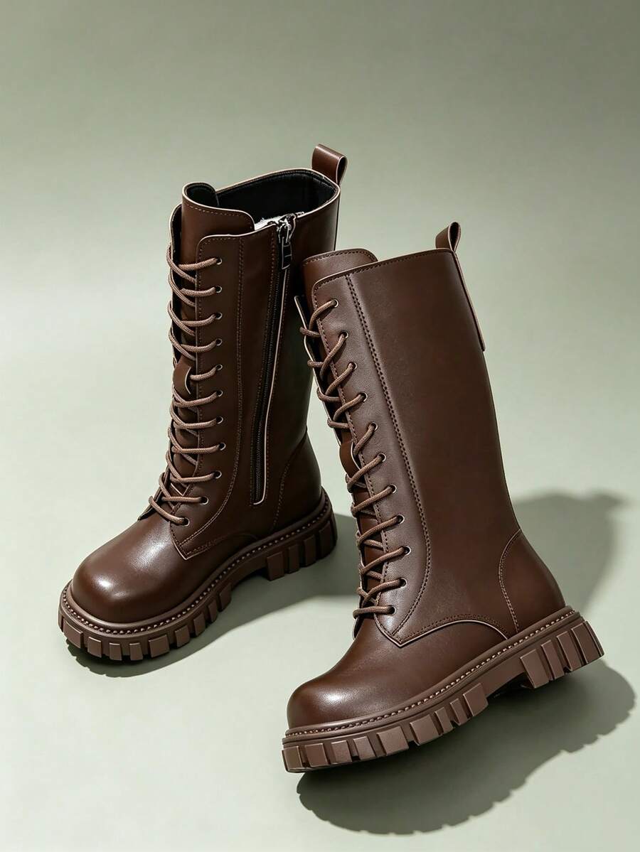 1 Pasang Sepatu Bot Tinggi, Bahan PU Lembut dengan Jahitan, Ujung Bulat, Sol Elastis Lembut, Tali Depan dengan Desain Resleting Sisi Dalam, Sepatu Bot Berkuda Tinggi Dasar yang Modis dan Lucu, Cocok untuk Pria dan Wanita, Mahasiswa, Kampus, Liburan, Pakaian Luar Ruangan, Gaya Baru Musim Gugur/Dingin