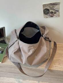 蝴蝶結刺繡裝飾寬肩帶拉鍊開合設計休閒風大容量旅行包，適合日常通勤、購物、外出、旅行，活力優雅時尚穿搭橫式行李包 - 灰色 - 查看 9